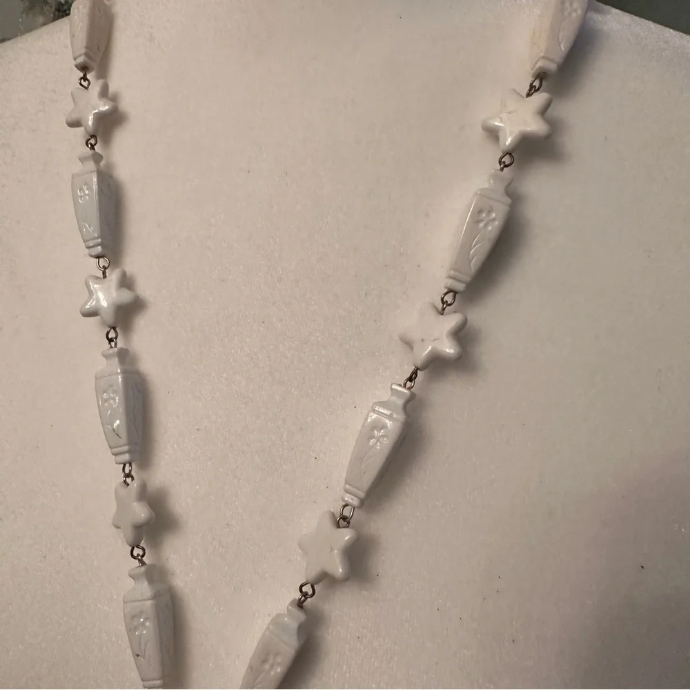 Vintage Waterfall White Beaded Long Necklace Star Vase Fun Flapper Style